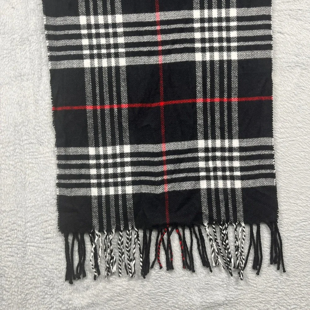 Cashmere Blend Italian Design Plaid Scarf Black Red White Fringe Winter Wrap